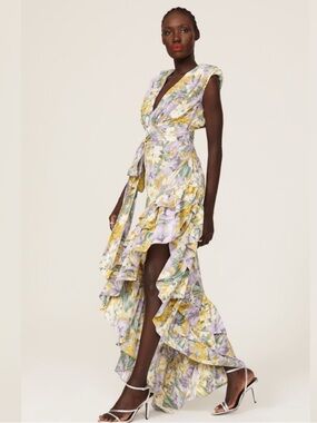 Bronx and Banco Lavender and Yellow Floral High-Low Wrap Dress